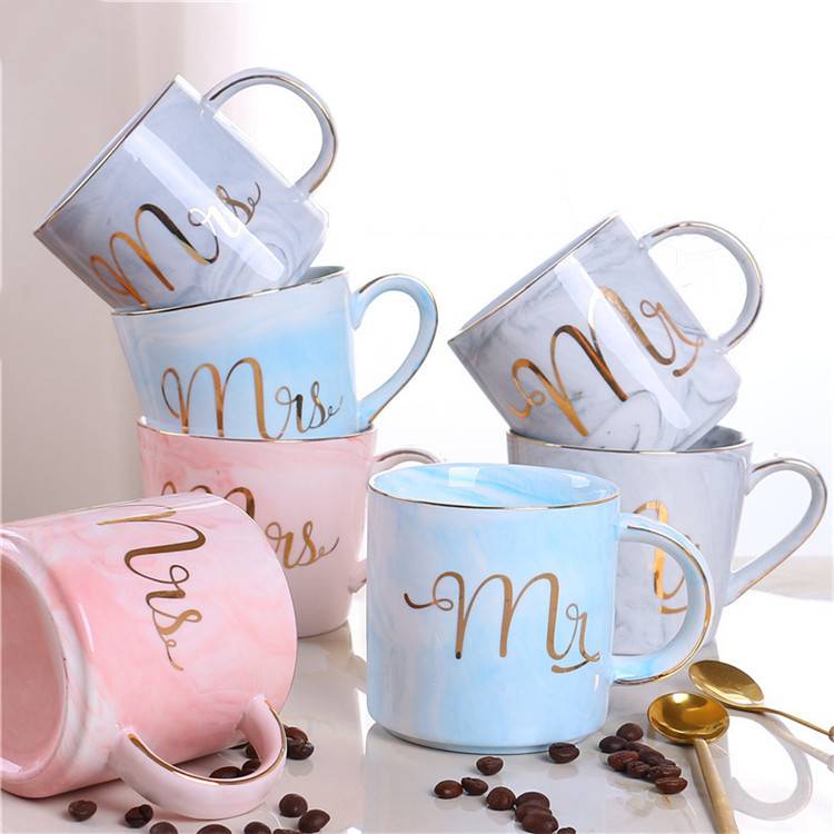 Hot Sale Gift Marble Coffee Cup With Lid And Spoon,Gold Line Marble Mr And Mrs Ceramic Coffee Mugs